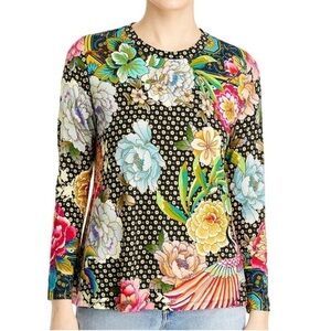 Johnny Was Fagan Favorite Long Sleeve Tee Shirt Soft Top Black with Floral Print